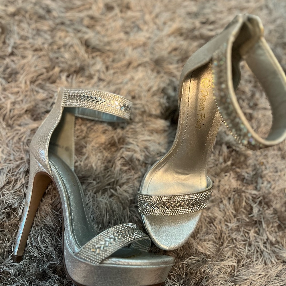 Silver Stiletto Heels with Ankle Strap